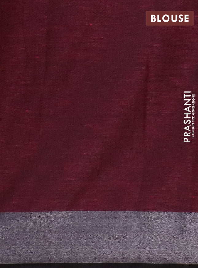 Pure linen saree pink and black with allover batik prints and silver zari woven border