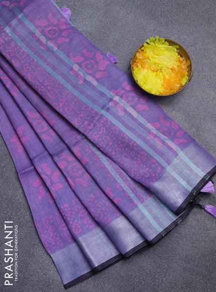 Pure linen saree lavender shade and black with allover batik prints and silver zari woven border