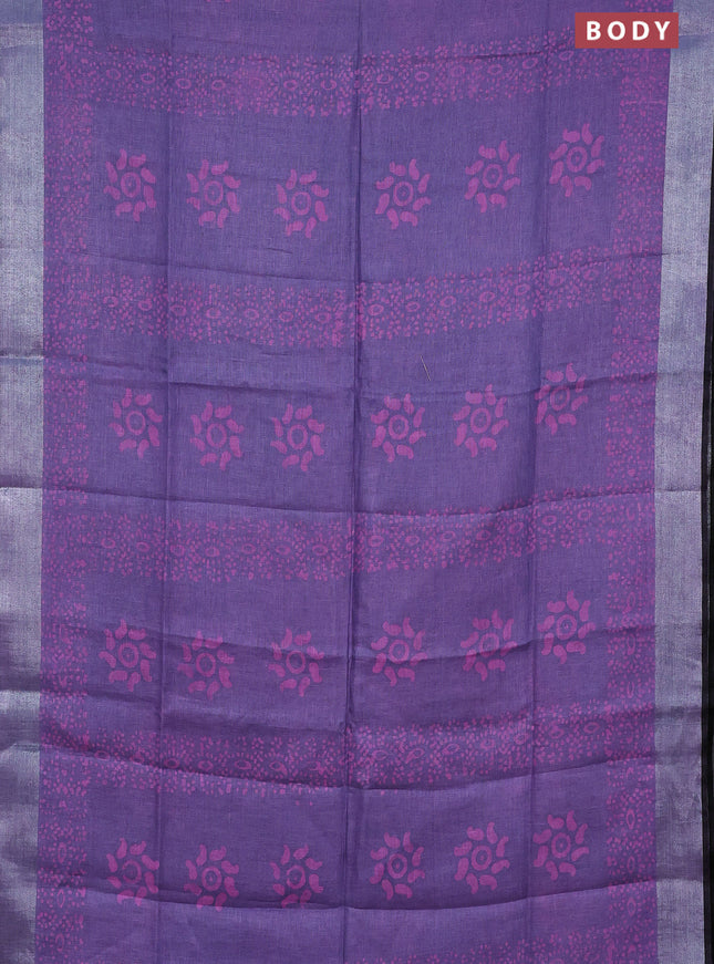 Pure linen saree lavender shade and black with allover batik prints and silver zari woven border