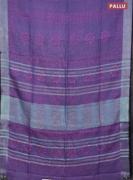 Pure linen saree lavender shade and black with allover batik prints and silver zari woven border