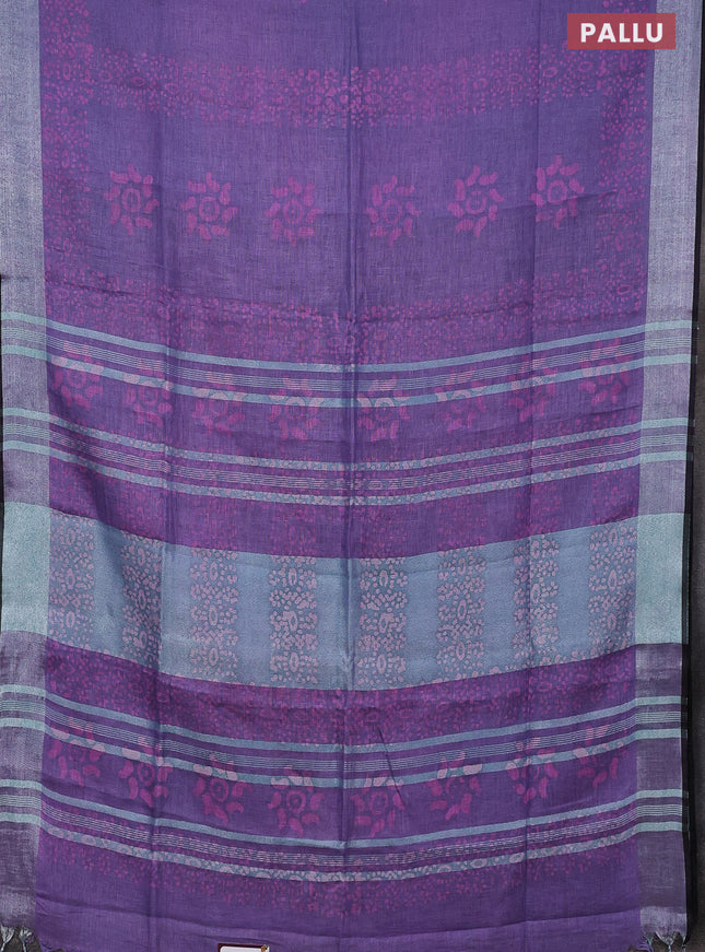 Pure linen saree lavender shade and black with allover batik prints and silver zari woven border