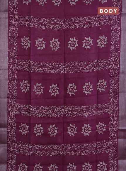 Pure linen saree wine shade and black with allover batik prints and silver zari woven border