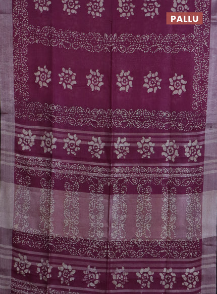 Pure linen saree wine shade and black with allover batik prints and silver zari woven border