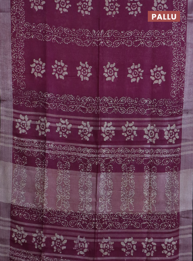 Pure linen saree wine shade and black with allover batik prints and silver zari woven border