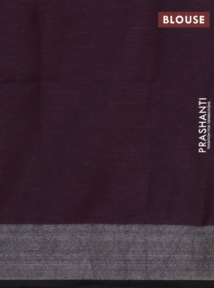 Pure linen saree wine shade and black with allover batik prints and silver zari woven border