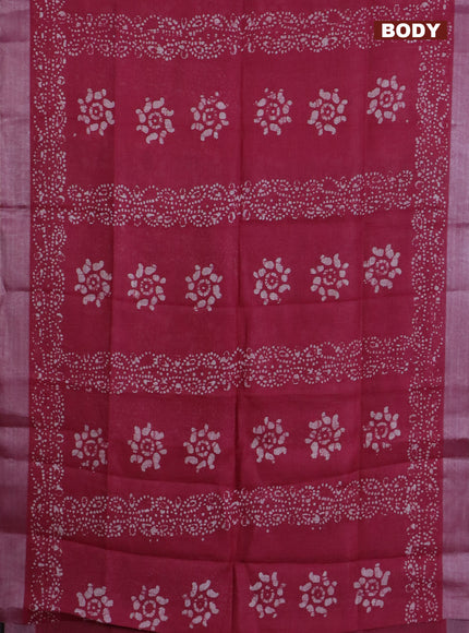 Pure linen saree pink and black with allover batik prints and silver zari woven border