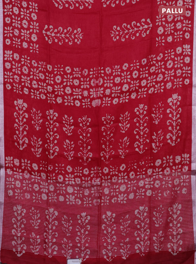 Pure linen saree dark pink with allover batik prints and silver zari woven border