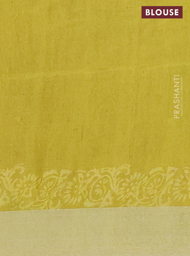 Pure linen saree dark sandal with allover prints and silver zari woven border