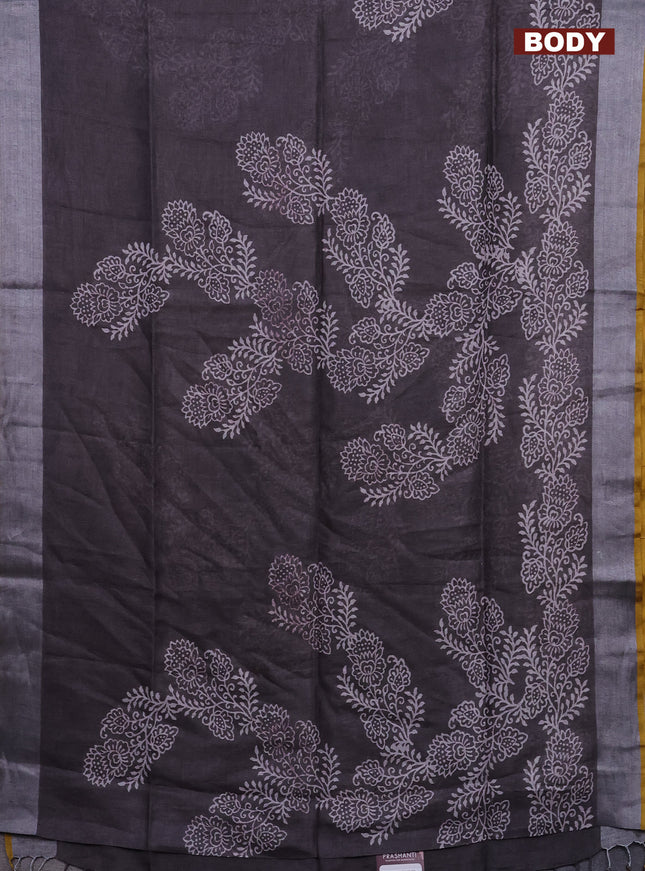 Pure linen saree grey shade and yellow with allover prints and silver zari woven border