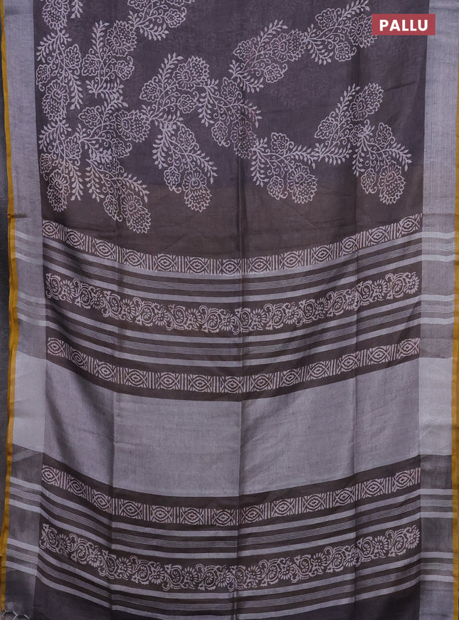 Pure linen saree grey shade and yellow with allover prints and silver zari woven border