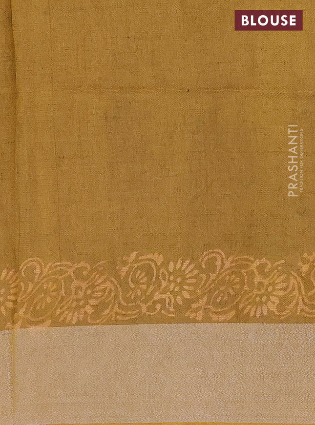 Pure linen saree grey shade and yellow with allover prints and silver zari woven border