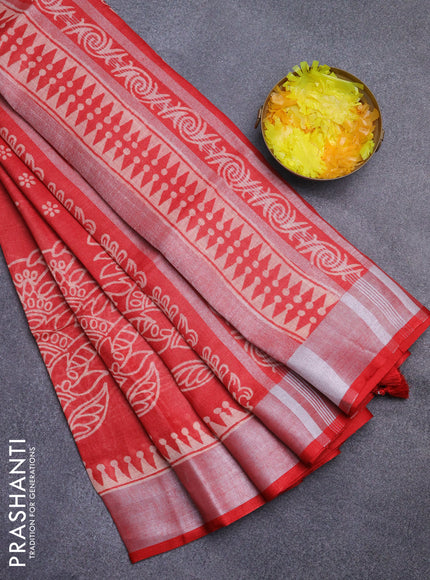Pure linen saree red with batik butta prints and silver zari woven border