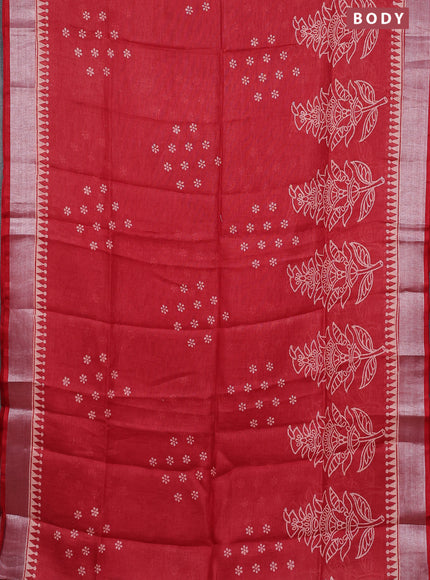 Pure linen saree red with batik butta prints and silver zari woven border