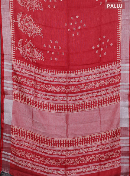 Pure linen saree red with batik butta prints and silver zari woven border