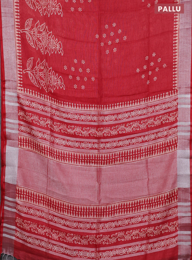 Pure linen saree red with batik butta prints and silver zari woven border