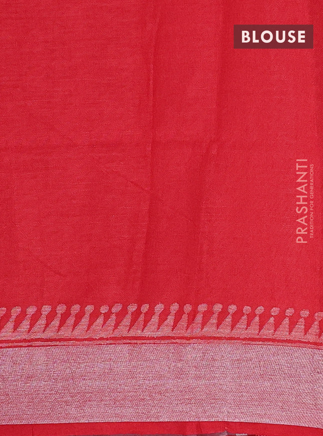 Pure linen saree red with batik butta prints and silver zari woven border