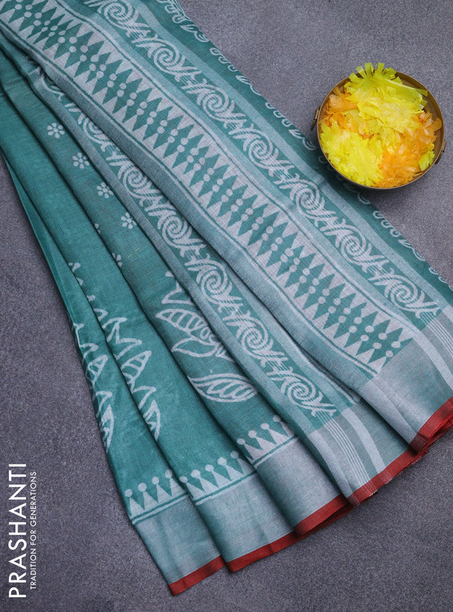 Pure linen saree teal green and red with batik butta prints and silver zari woven border