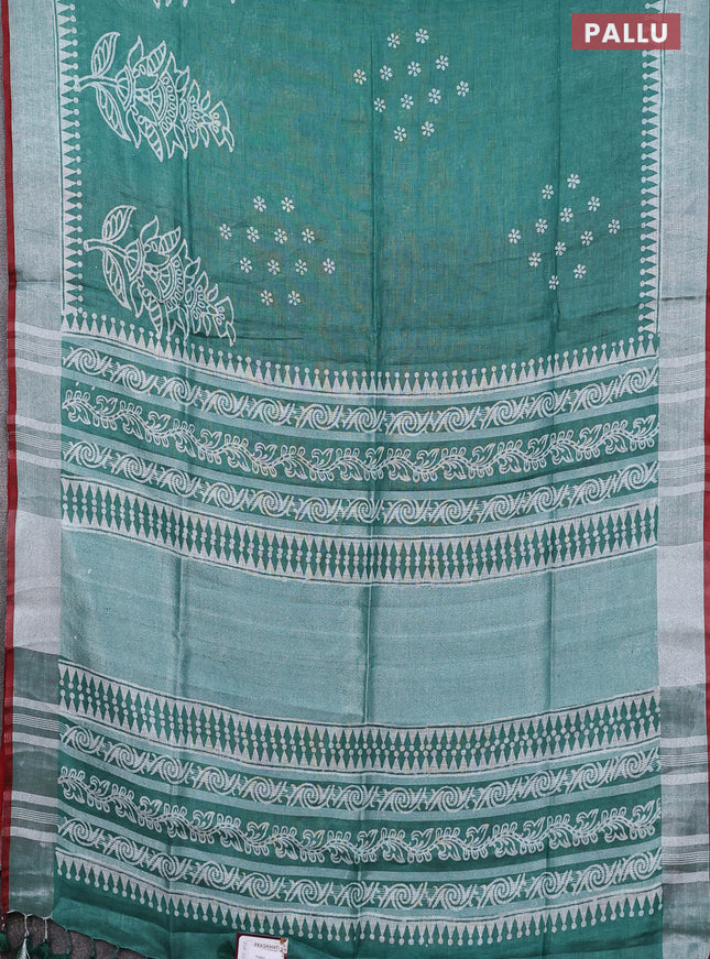 Pure linen saree teal green and red with batik butta prints and silver zari woven border