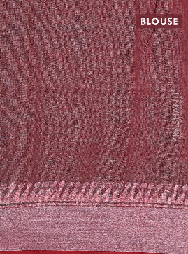 Pure linen saree teal green and red with batik butta prints and silver zari woven border
