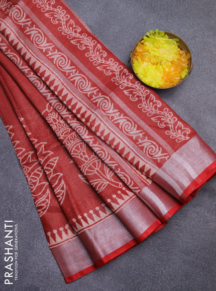 Pure linen saree maroon shade and red with batik butta prints and silver zari woven border