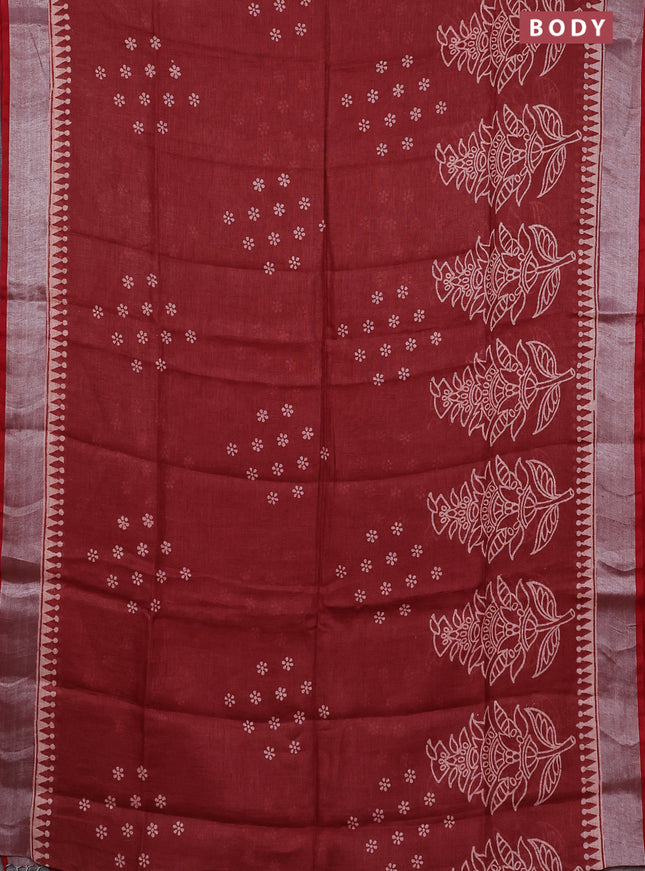 Pure linen saree maroon shade and red with batik butta prints and silver zari woven border