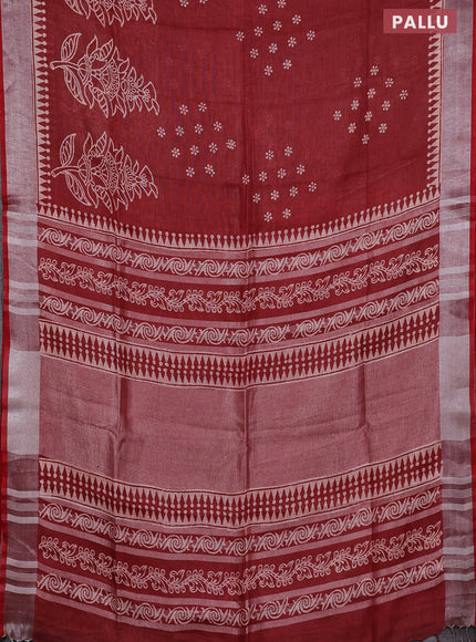 Pure linen saree maroon shade and red with batik butta prints and silver zari woven border