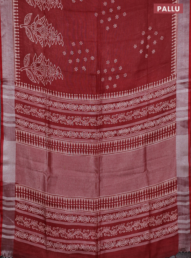 Pure linen saree maroon shade and red with batik butta prints and silver zari woven border