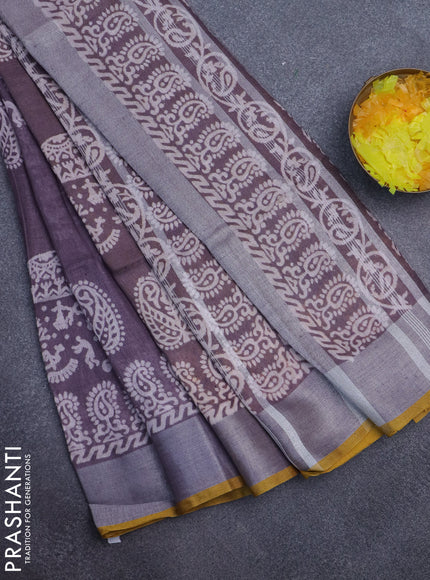 Pure linen saree pastel purple and mustard yellow with allover prints and silver zari woven border