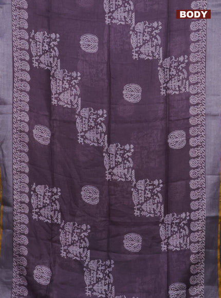 Pure linen saree pastel purple and mustard yellow with allover prints and silver zari woven border