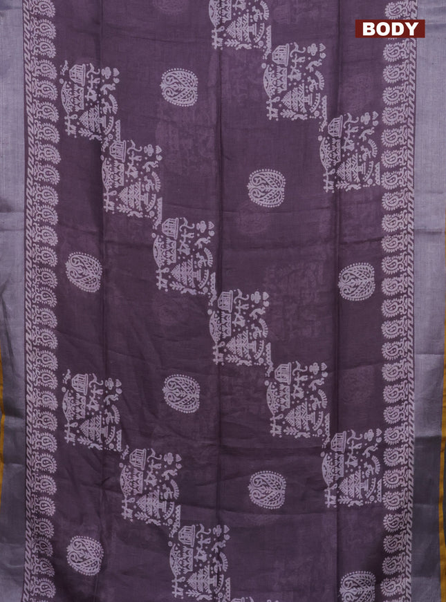 Pure linen saree pastel purple and mustard yellow with allover prints and silver zari woven border