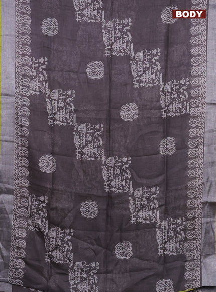 Pure linen saree greyish brown and yellow with allover prints and silver zari woven border