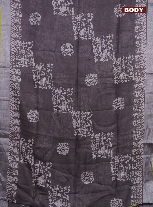 Pure linen saree greyish brown and yellow with allover prints and silver zari woven border