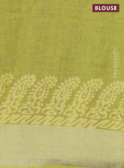 Pure linen saree greyish brown and yellow with allover prints and silver zari woven border