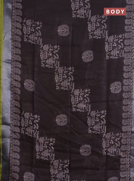 Pure linen saree brown and yellow with allover prints and silver zari woven border