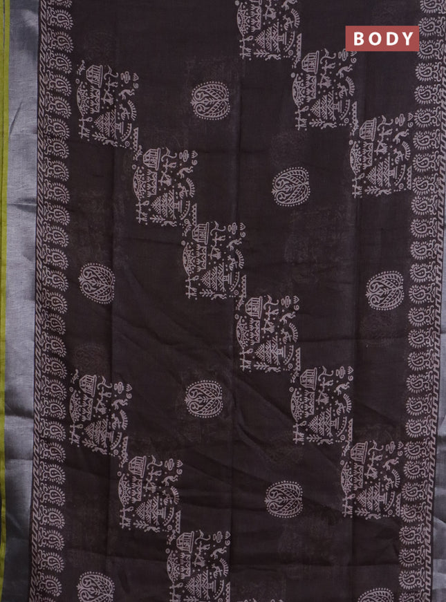 Pure linen saree brown and yellow with allover prints and silver zari woven border