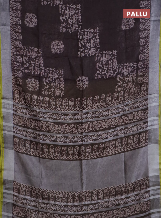Pure linen saree brown and yellow with allover prints and silver zari woven border
