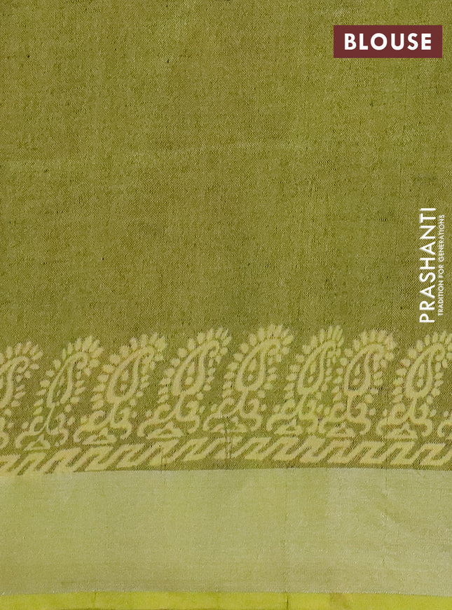 Pure linen saree brown and yellow with allover prints and silver zari woven border