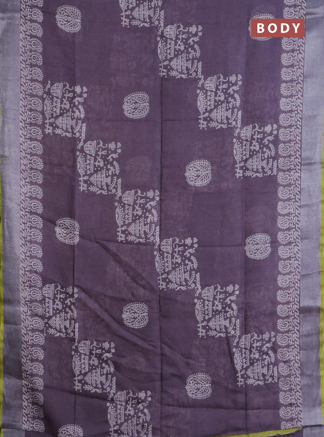 Pure linen saree pastel purple and yellow with allover prints and silver zari woven border