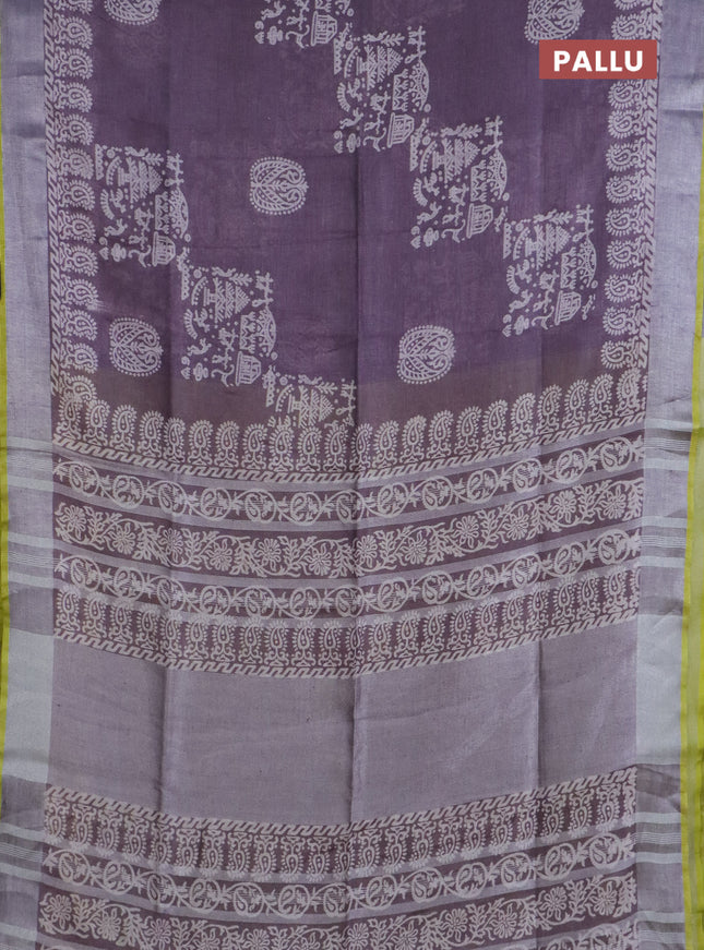 Pure linen saree pastel purple and yellow with allover prints and silver zari woven border