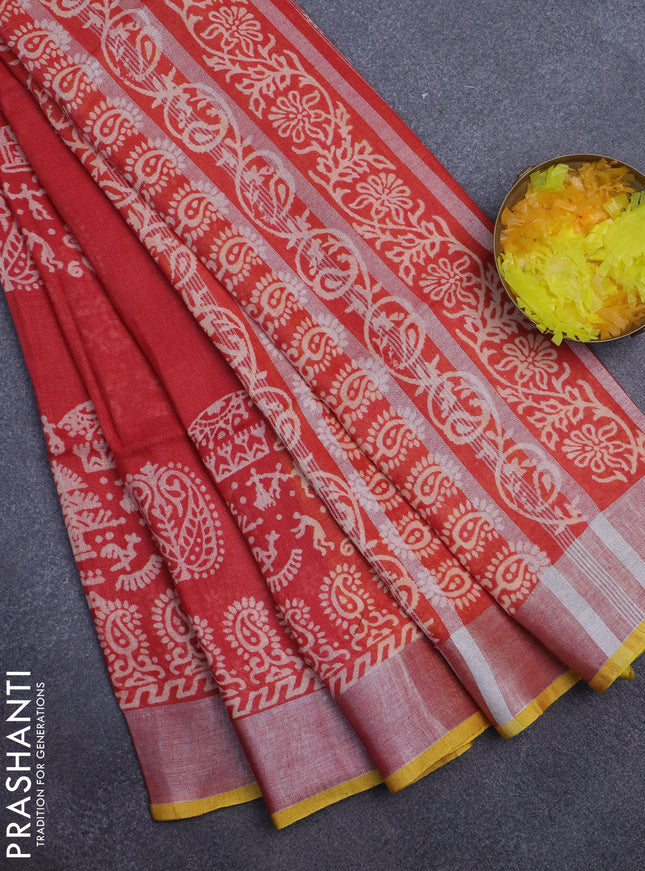 Pure linen saree red and yellow with allover prints and silver zari woven border