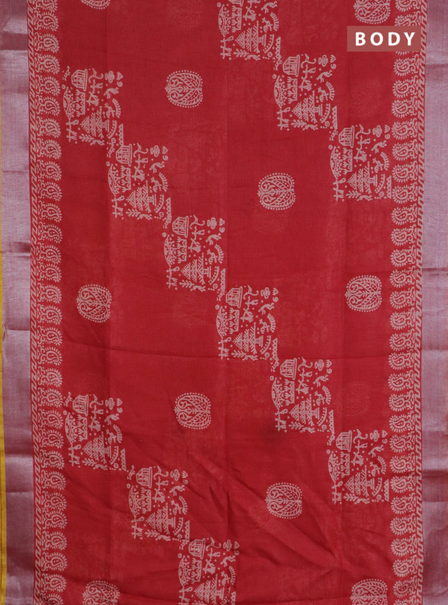 Pure linen saree red and yellow with allover prints and silver zari woven border