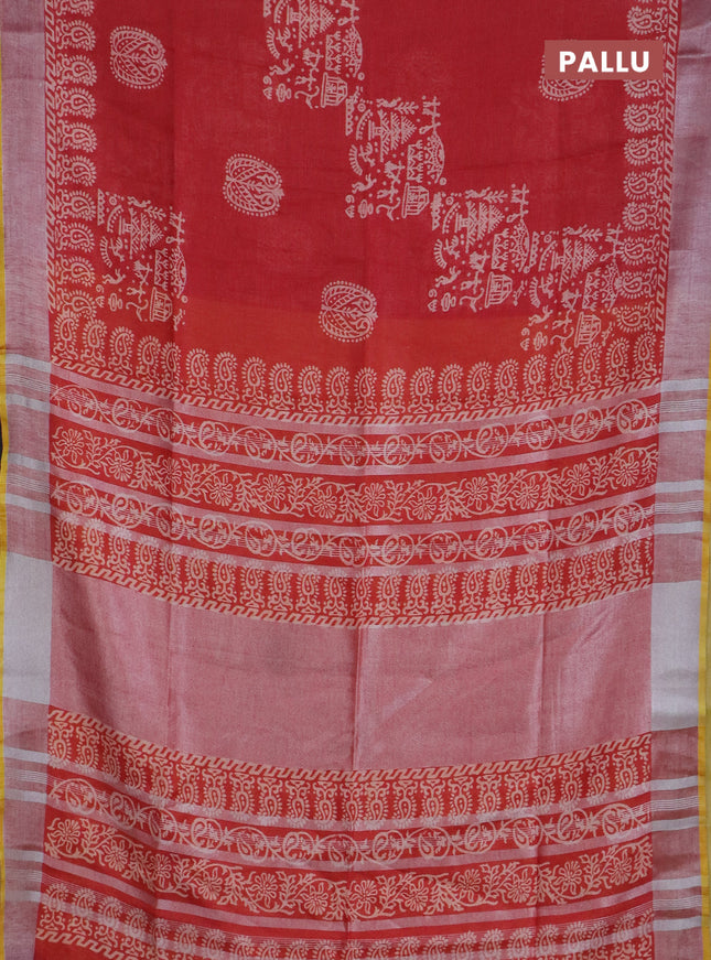 Pure linen saree red and yellow with allover prints and silver zari woven border