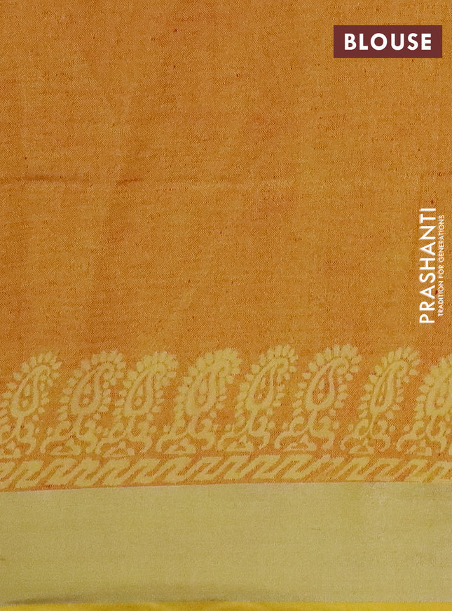 Pure linen saree red and yellow with allover prints and silver zari woven border