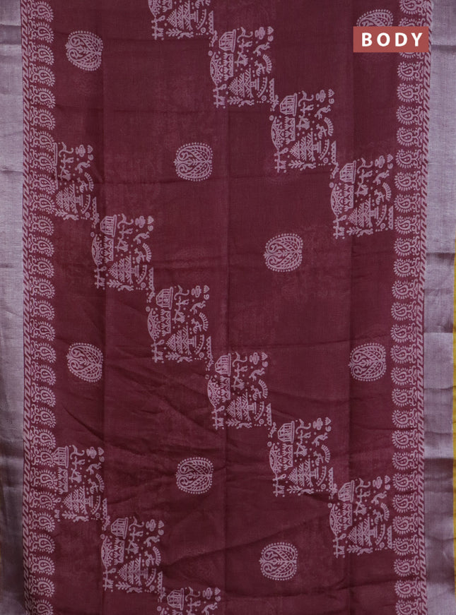 Pure linen saree maroon and yellow with allover prints and silver zari woven border