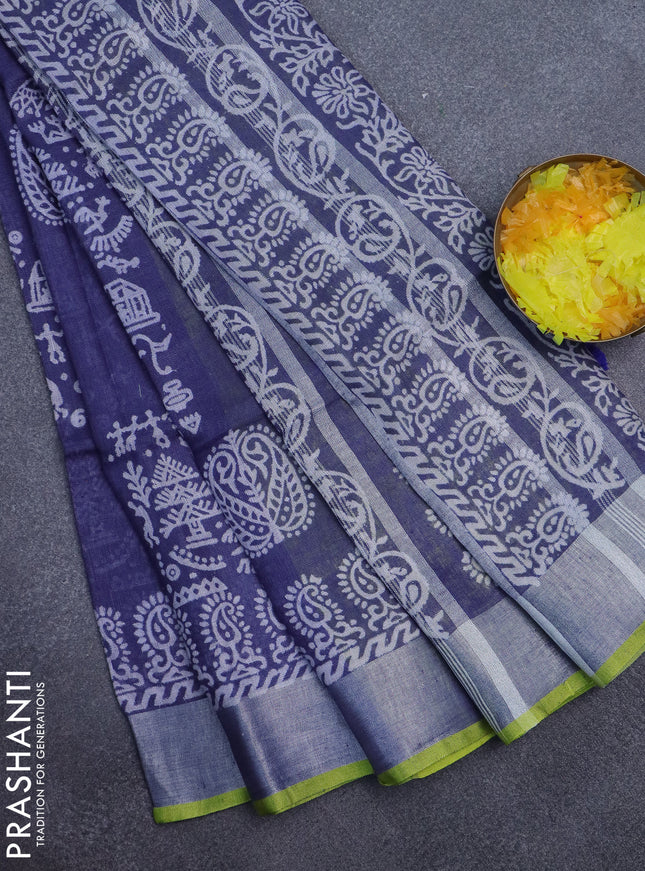 Pure linen saree blue shade and yellow with allover prints and silver zari woven border