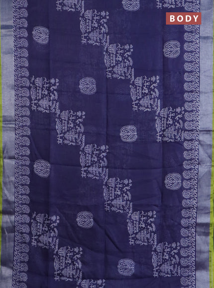 Pure linen saree blue shade and yellow with allover prints and silver zari woven border