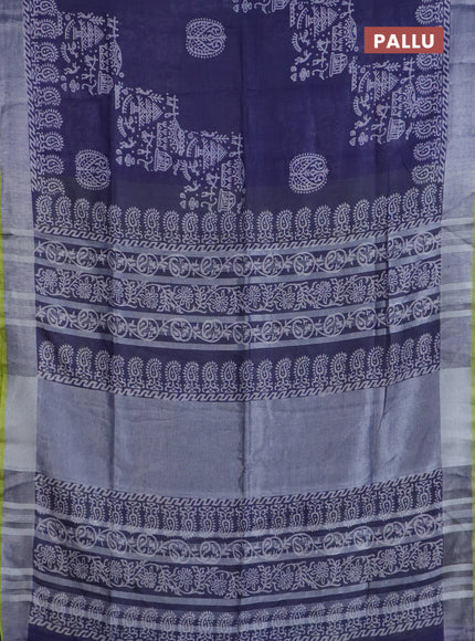 Pure linen saree blue shade and yellow with allover prints and silver zari woven border