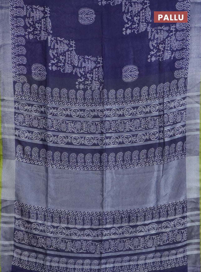 Pure linen saree blue shade and yellow with allover prints and silver zari woven border