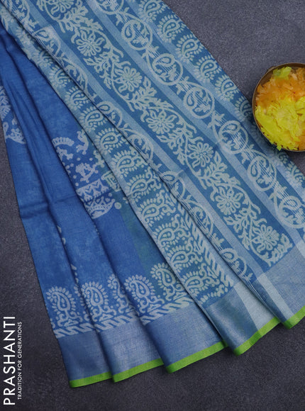 Pure linen saree blue with allover prints and silver zari woven border