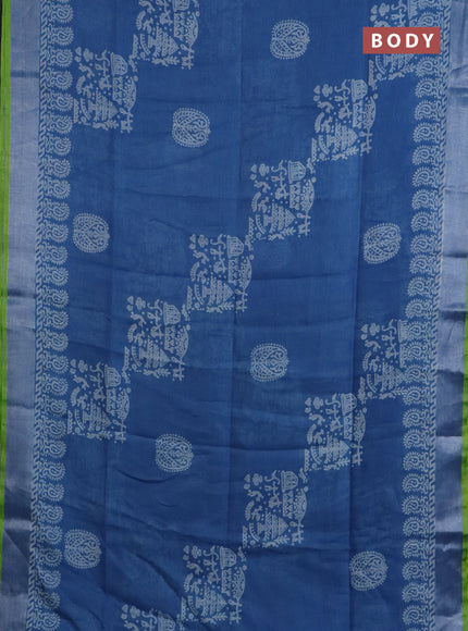 Pure linen saree blue with allover prints and silver zari woven border